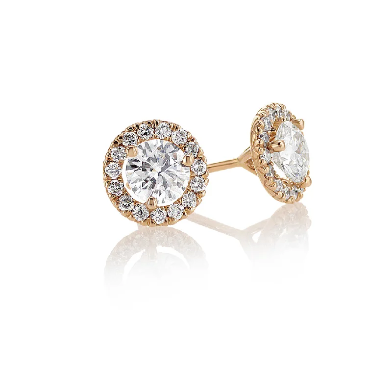 Beautiful Silver Earrings For Wedding Jewelry-0.88 CT Round Diamond Halo 14K Rose Gold Earrings