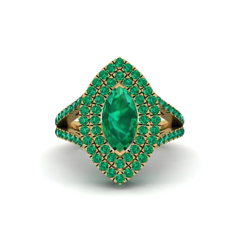 Fashionable Stackable Gemstone Rings For Trendy Looks-Marquise Emerald Double Halo Engagement Ring - Avah No. 19