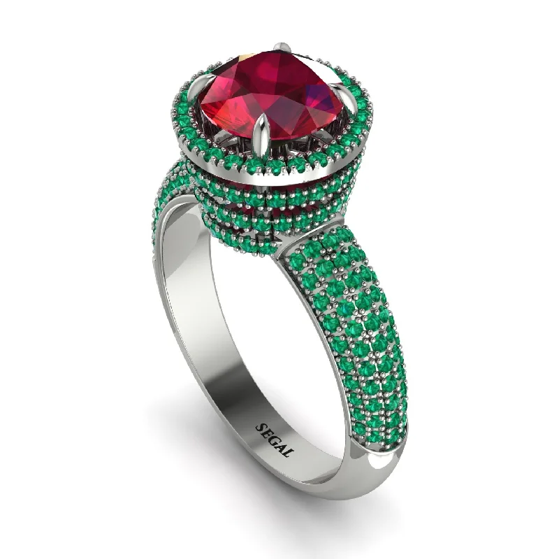 Classic Custom Wedding Rings For Couples-Ruby Cluster Halo Engagement Ring - Katie No. 27