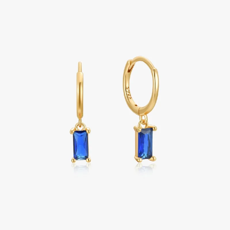 Silver Drop Earrings For Evening Style-Blue Rectangle Huggies in Gold