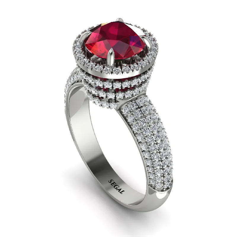 Classic Gold Promise Rings For Couples-Ruby Cluster Halo Engagement Ring - Katie No. 12