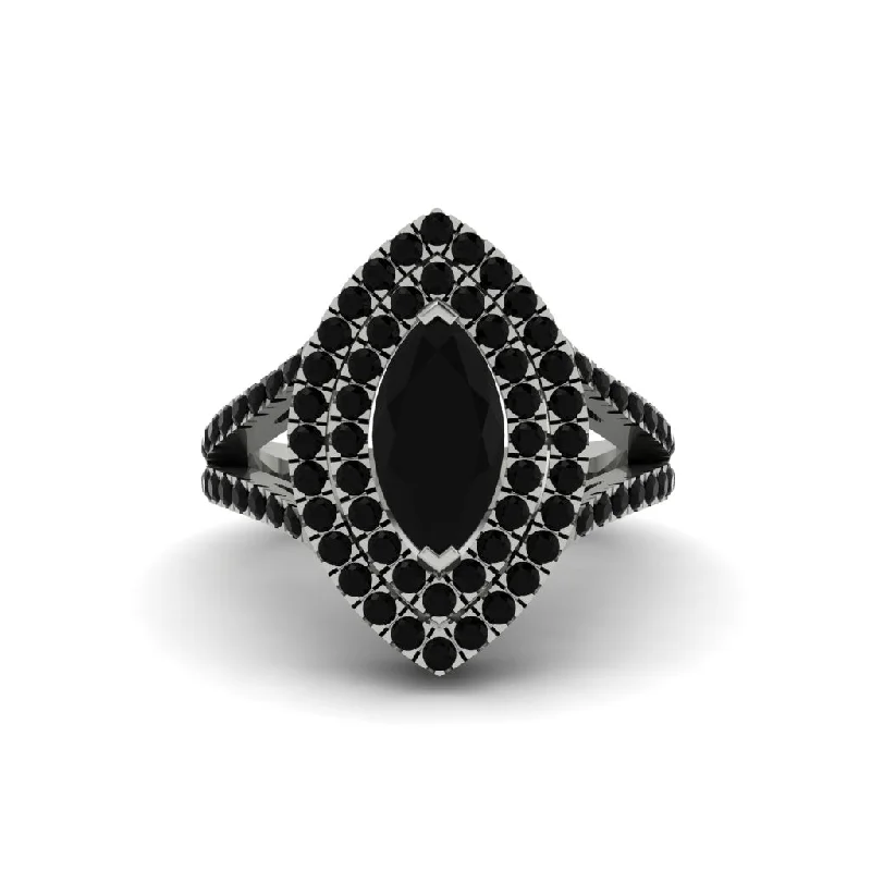 Unique Engagement Rings For Non-Traditional Weddings-Marquise Black Diamond Double Halo Engagement Ring - Avah No. 39