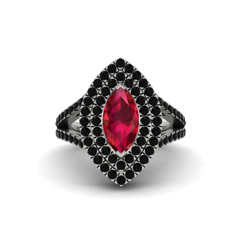 Fashionable Wedding Rings For Trendy Couples-Marquise Ruby Double Halo Engagement Ring - Avah No. 42