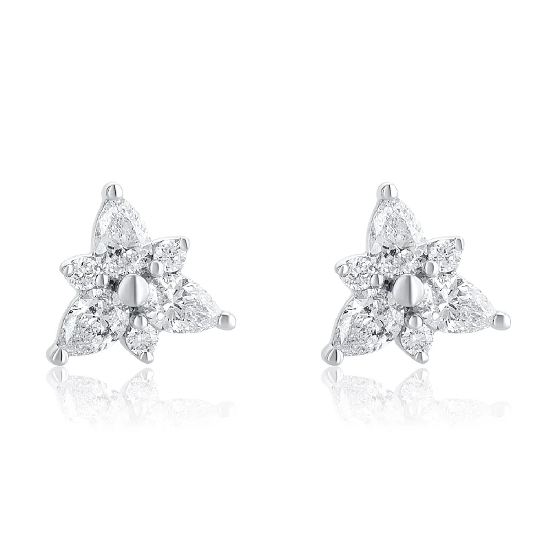 Designer Earrings For Fashionable Style-0.40 Carat Round and Pear Shape Flower Earrings in 14K White Gold