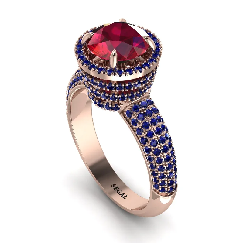 Fashionable Stackable Silver Rings For Trendy Looks-Ruby Cluster Halo Engagement Ring - Katie No. 71