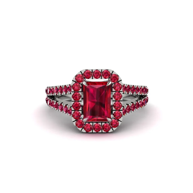 Fashionable Gold Rings For Casual Wear-Radiant Cut Ruby Halo Split Shank Engagement Ring - Lainey No. 57