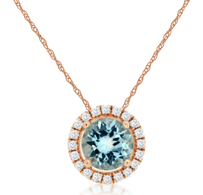 Bold Gold Necklaces For Fashionistas-Aquamarine & Diamond Halo Pendant in 14kt Rose Gold