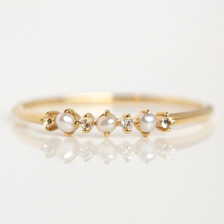 Beautiful Silver Rings For Wedding Bands-Solid Gold Pearl Trio Ring