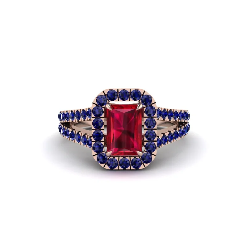 Elegant Rose Gold Rings For Weddings-Radiant Cut Ruby Halo Split Shank Engagement Ring - Lainey No. 71