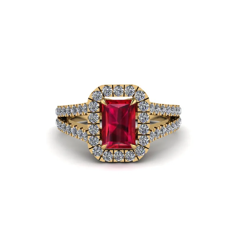 Wedding Bands For Same-Sex Couples-Radiant Cut Ruby Halo Split Shank Engagement Ring - Lainey No. 10