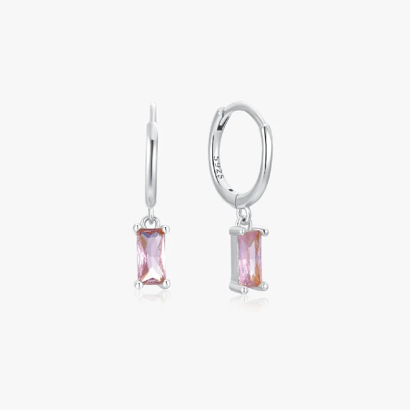 Affordable Hoop Earrings For Fashion Lovers-Pink Rectangle Huggies in Silver