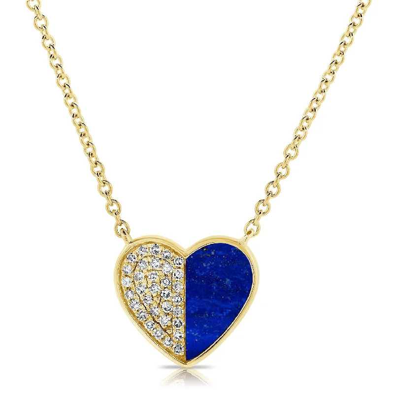 Custom Silver Heart Necklaces For Unique Designs-14K Gold Heart Necklace with Lapis Lazuli and Diamond Accents