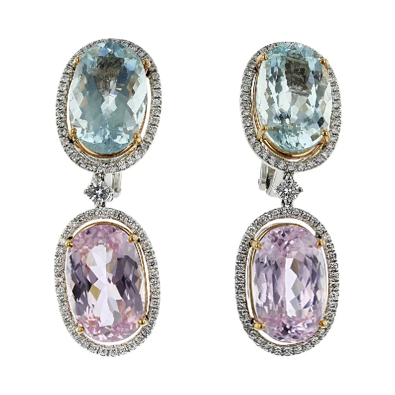 Lightweight Earrings For Comfortable Wear-18K White Gold Aquamarine, Kunzite and Diamond Earrings