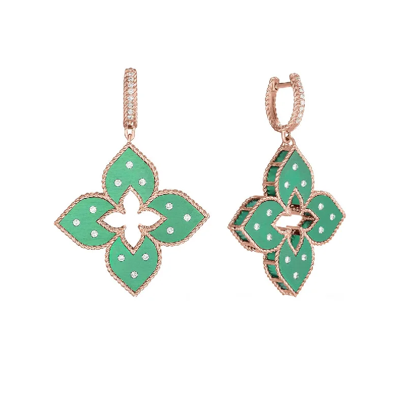 Elegant Dangle Earrings For Bridal Look-18k Rose Gold Diamond Venetian Princess Green Satin Earrings