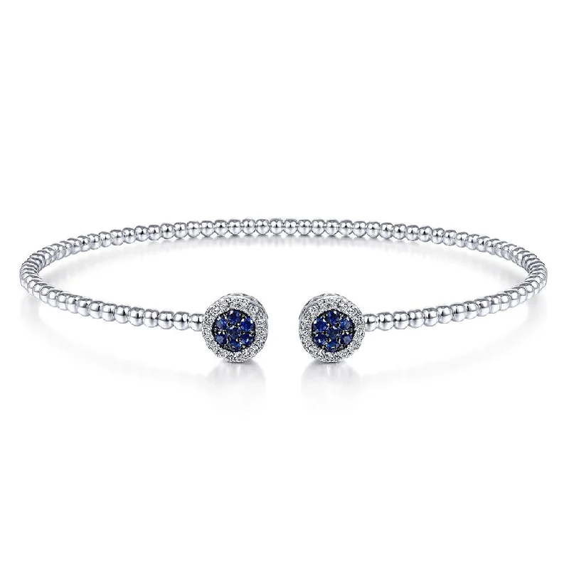 Bracelets With Dark Hues-Gabriel & Co. 14K White Gold Bujukan Bead Cuff Bracelet with Sapphire and Diamond Halo Caps