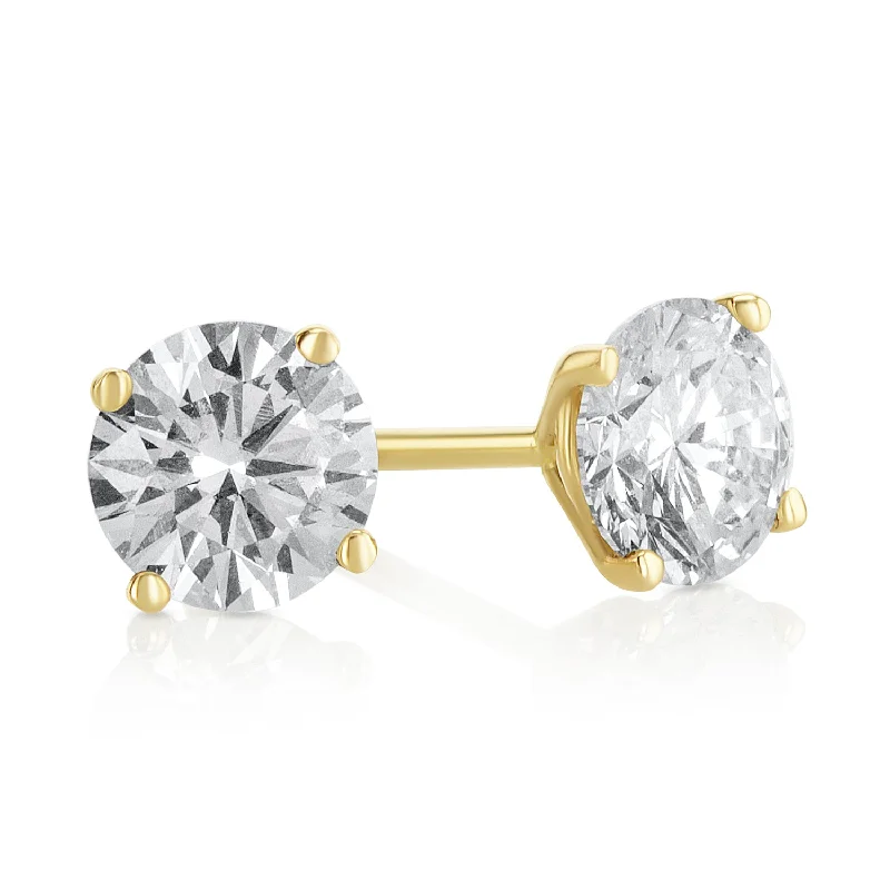 Classic Gold Earrings For Everyday Wear-1.02 Carat Round Lab Grown Diamond Studs in 14K Yellow Gold