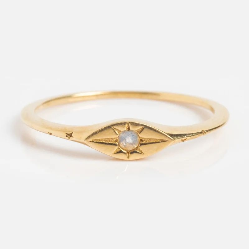 Gemstone Cocktail Rings For Bold Fashion-Solid Gold Delicate Moonstone Evil Eye Signet Ring