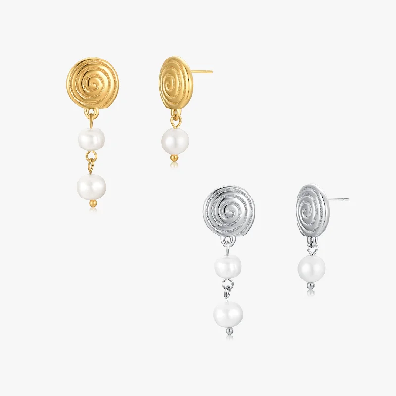 Handcrafted Earrings For Bohemian Style-Spiral Asymmetrical Pearl Earrings (Greek Inspired Collection)