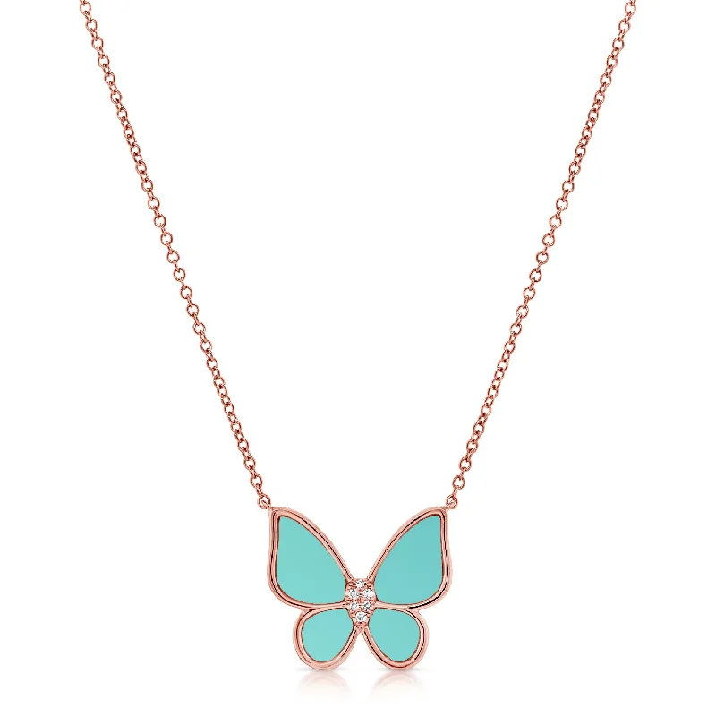 Beautiful Personalized Bar Necklaces For Gifts-Turquoise & Diamond Butterfly Necklace made in 14K Gold