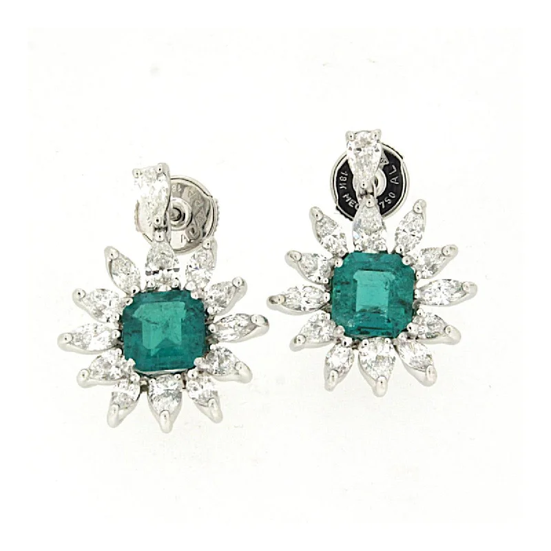 Elegant Drop Earrings For Weddings-18K White Gold Emerald and Diamond Earrings