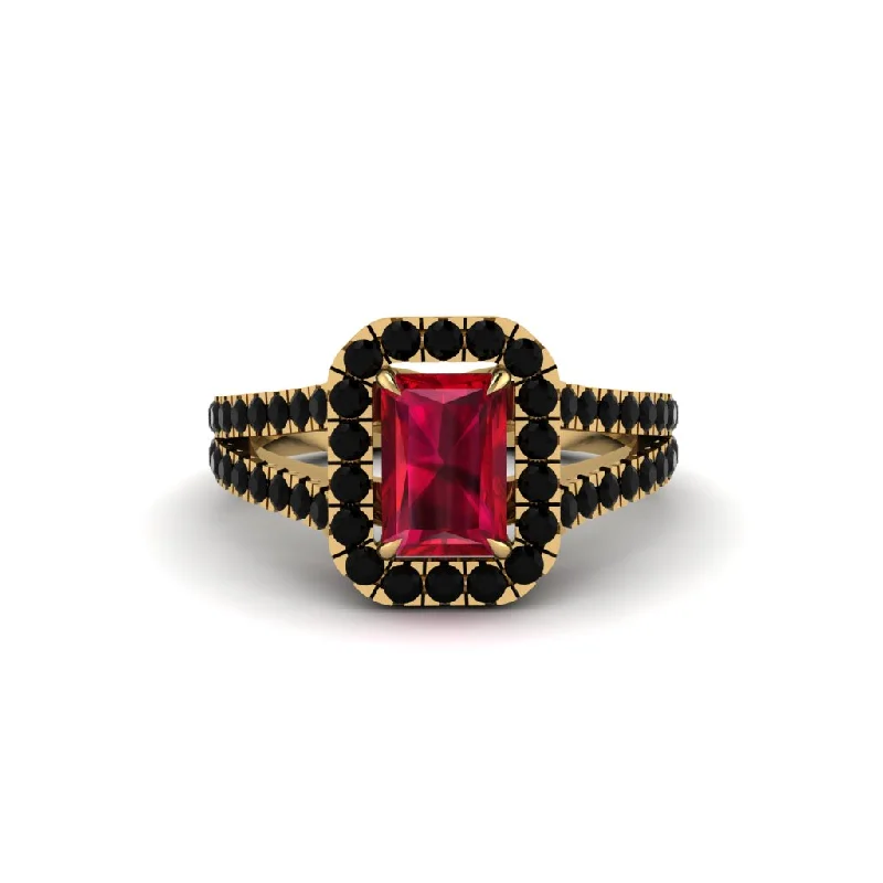 Custom Gold Rings For Meaningful Gifts-Radiant Cut Ruby Halo Split Shank Engagement Ring - Lainey No. 40