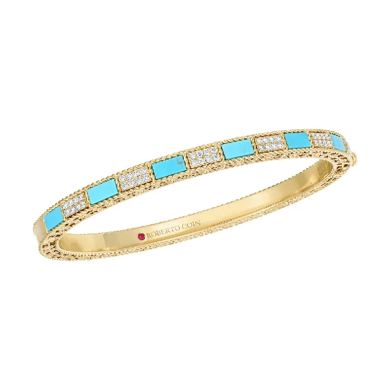 Bangles For Bridal Accessories-18K Yellow Gold Mosaic Alternating Diamond and Turquoise Bangle