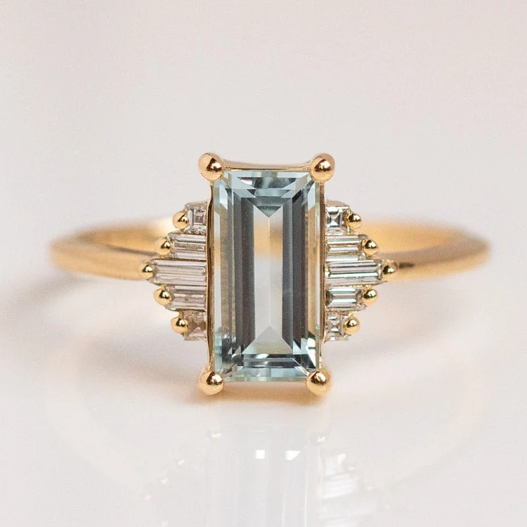 Customizable Wedding Bands For Unique Couples-Baguette Cut Aquamarine and Diamond Ring