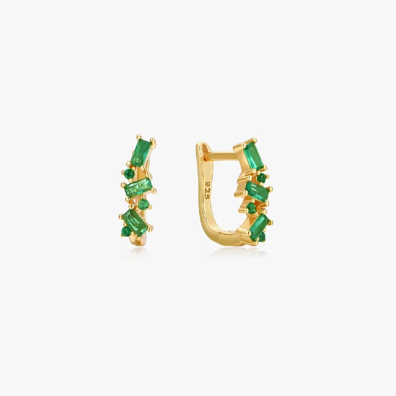 Colorful Gemstone Earrings For Fun Fashion-Irregular Green Gems Huggies in Gold