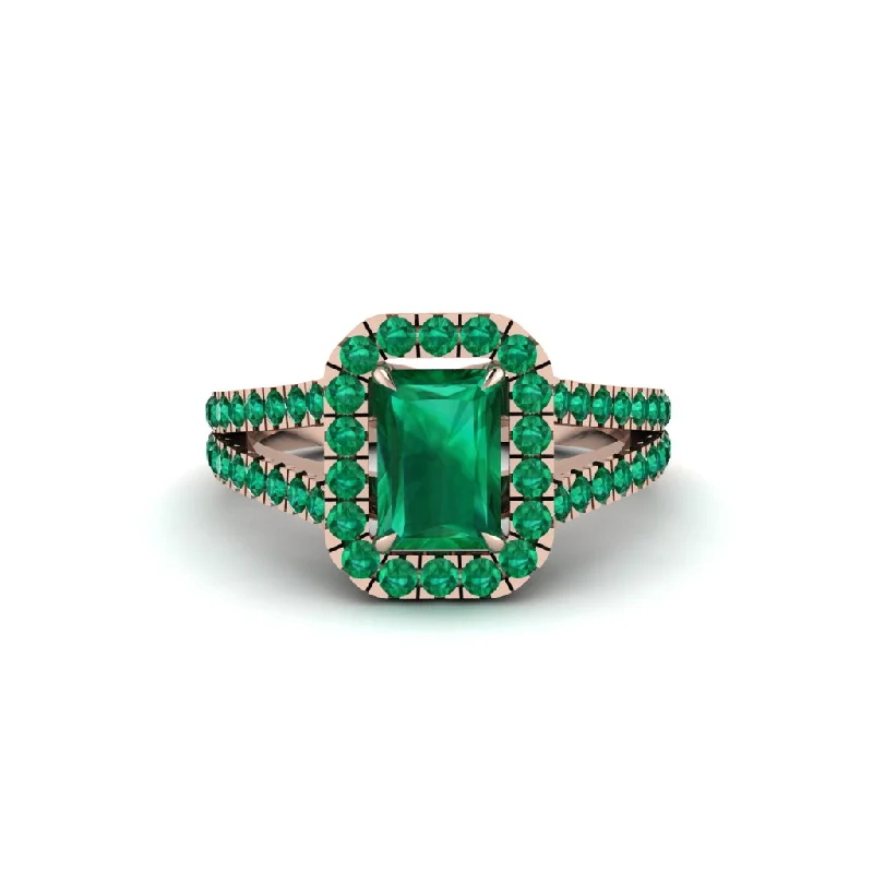 Trendy Men’s Rings For Fashion Enthusiasts-Radiant Cut Emerald Halo Split Shank Engagement Ring - Lainey No. 20