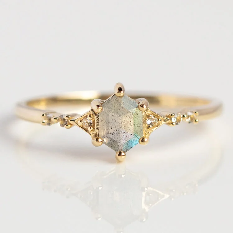 Elegant Diamond Wedding Rings For Brides-Solid Gold Mystic Labradorite Hexagon Ring for Protection