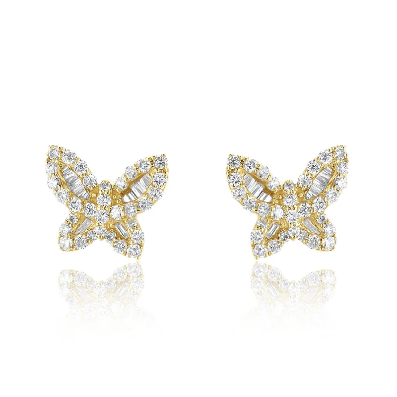 Statement Hoop Earrings For Casual Wear-0.55 Carat Baguette and Round Diamond Butterfly Studs in 14K Yellow Gold