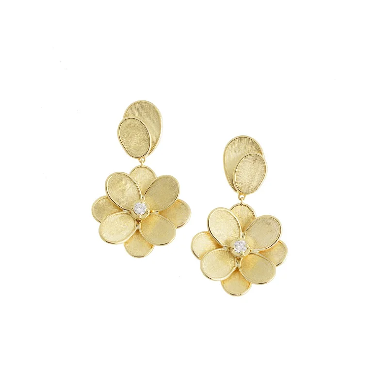 Gold Earrings For Women Of All Ages-18K Yellow Gold and Diamond Single Flower Drop Earrings