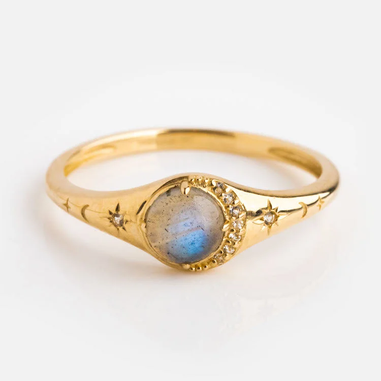 Handmade Gold Rings For Unique Style-Solid Gold Lunar Labradorite Signet Ring