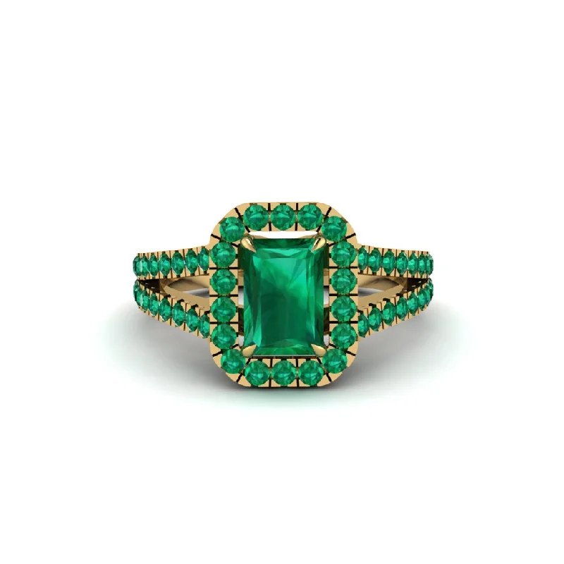 Bold Vintage Rings For Retro Lovers-Radiant Cut Emerald Halo Split Shank Engagement Ring - Lainey No. 19