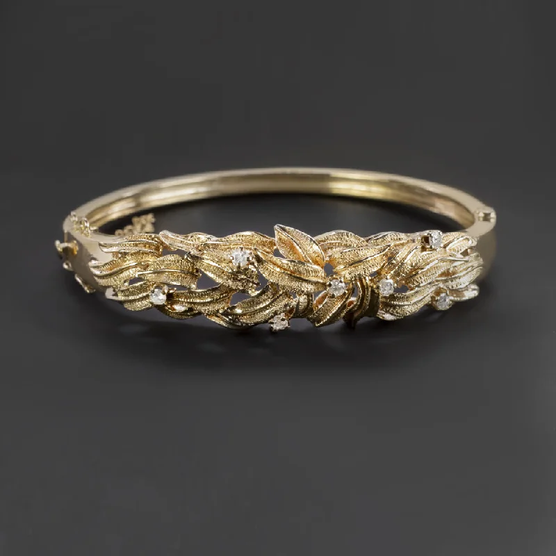 Bangles For Men-VINTAGE DIAMOND GOLD CUFF BRACELET 23.2 GRAMS 14k RETRO BOTANICAL LEAF BANGLE