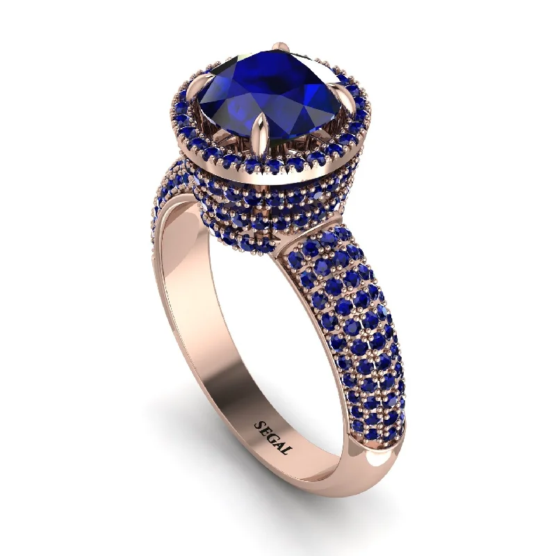 Gold Band Rings For Weddings-Sapphire Cluster Halo Engagement Ring - Katie No. 74