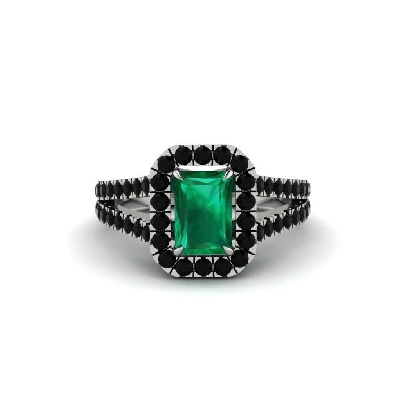 Customizable Gold Wedding Rings For Brides-Radiant Cut Emerald Halo Split Shank Engagement Ring - Lainey No. 36