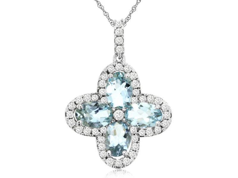 Custom Name Necklaces For Personalized Touch-Aquamarine & Diamond Clover Flower Pendant Necklace