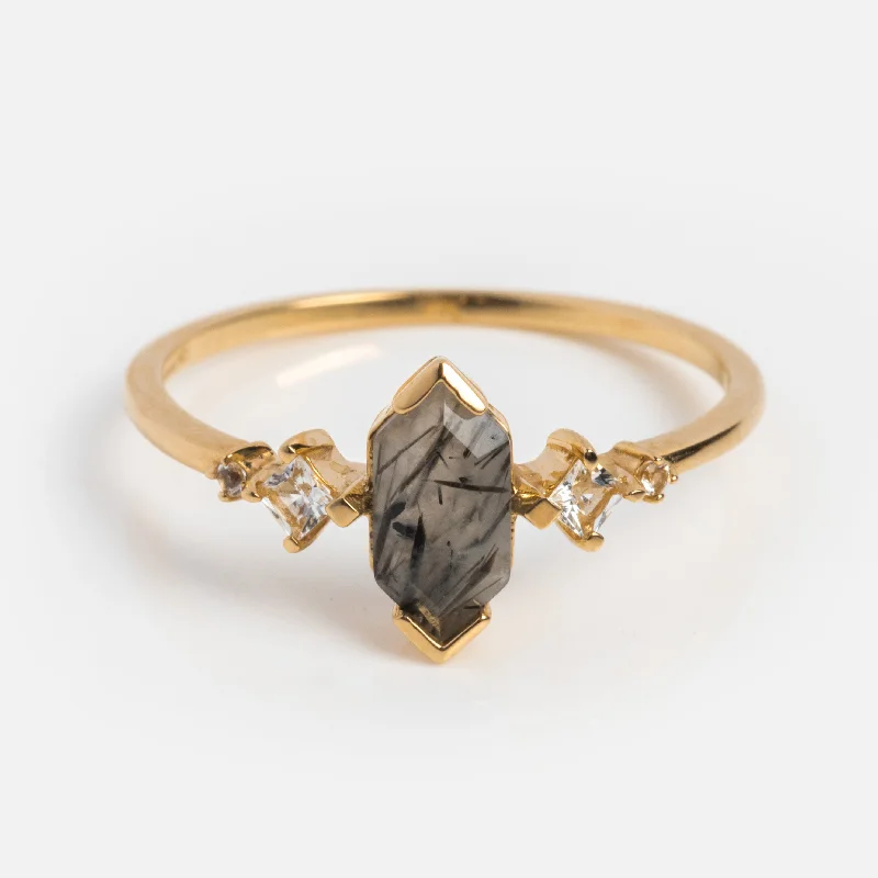 Unique Stackable Rings For Custom Jewelry-Solid Gold Black Rutilated Quartz Hexagon Ring for Strength