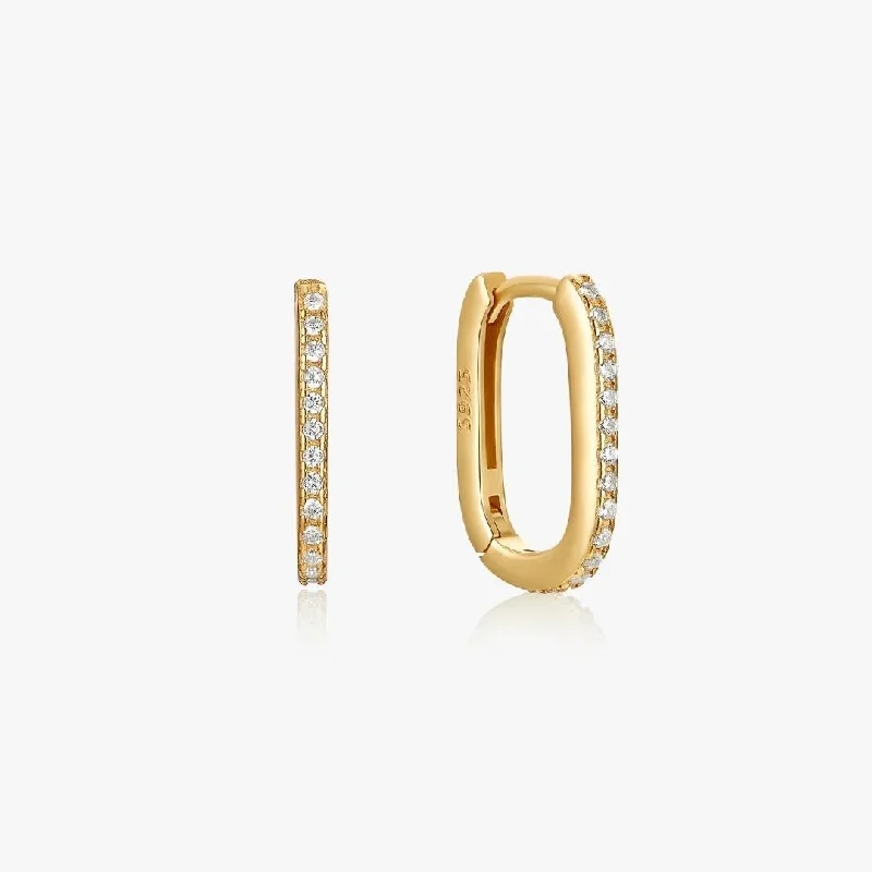 Trendy Resin Hoop Earrings For Bold Fashion-Oval Pave Huggies in Gold