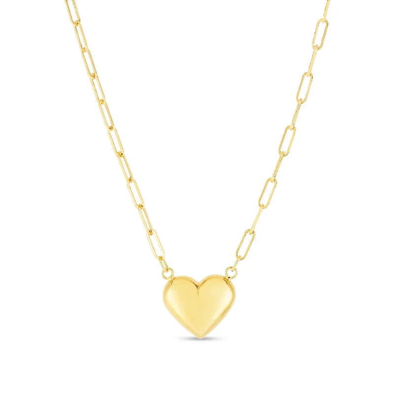 Elegant Crystal Pendant Necklaces For Brides-14 Karat Yellow Gold Heart Necklace on Paperclip Chain