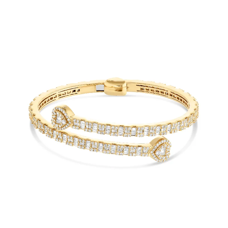 Bangles In Minimalist Style-Baguette & Round Cut Diamond Open Cuff Heart Bangle Bracelet