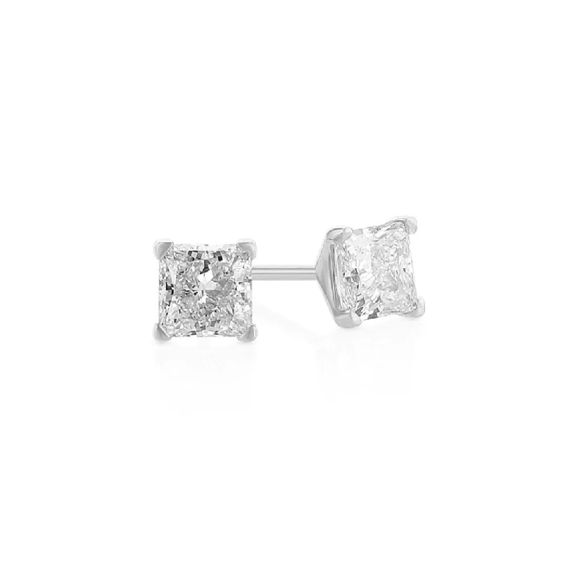 Geometric Earrings For Contemporary Style-2.00 Carat Princess Lab Grown Diamond Studs in 14K White Gold