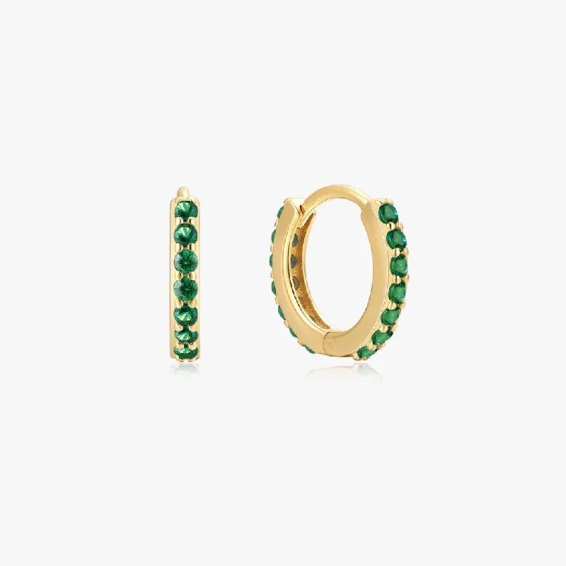 Trendy Chain Earrings For Bold Look-Green Gems Sterling Huggies in Gold