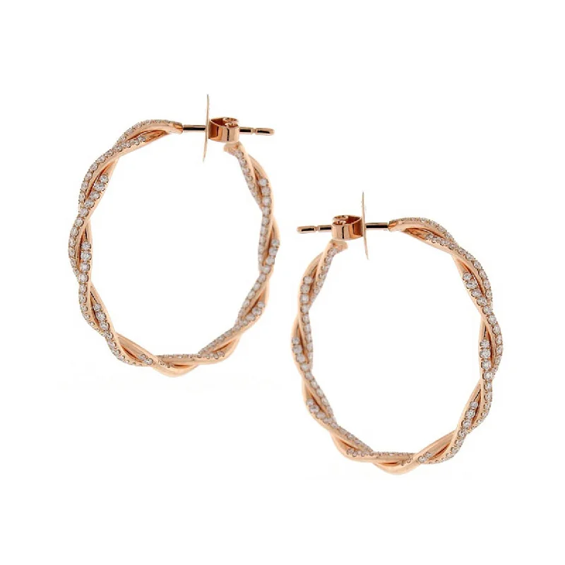 Stunning Long Earrings For Evening Parties-18k Rose Gold and Diamond Twist Hoop Earrings