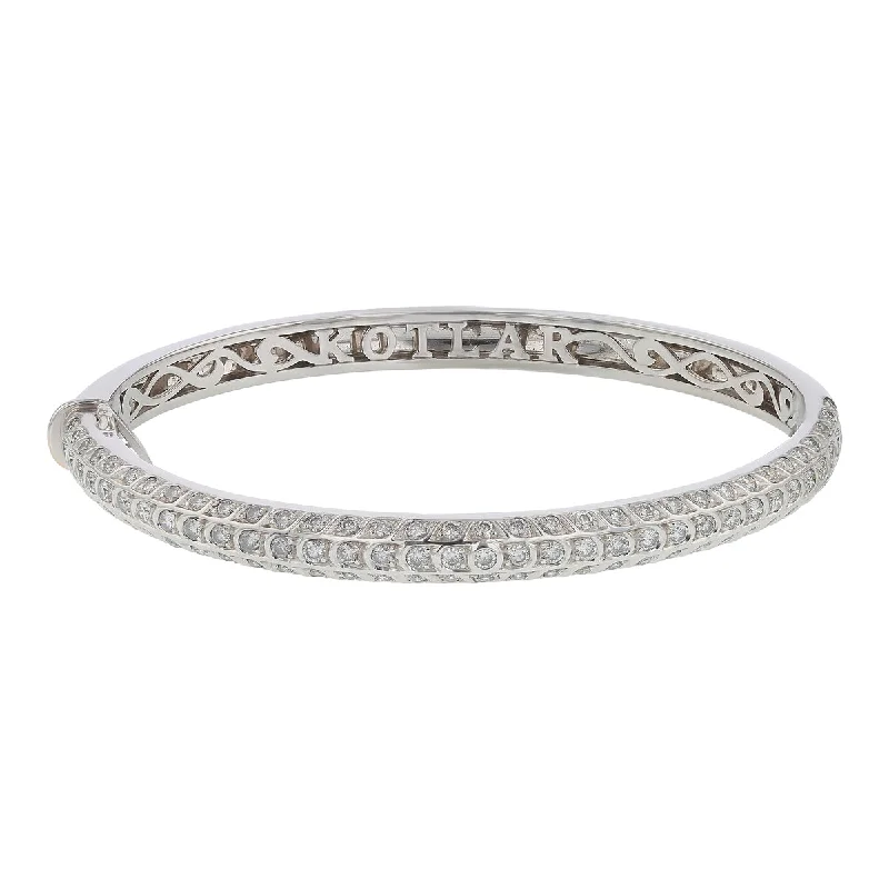 Bangles With Polished Finish-Scallop and Chevron Artisan Pave Diamond Bangle Bracelet in 18K White Gold