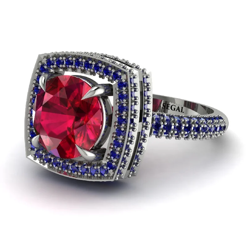 Unique Sterling Silver Rings For Special Occasions-Round Ruby Double Halo Engagement Ring - Kayleigh No. 72