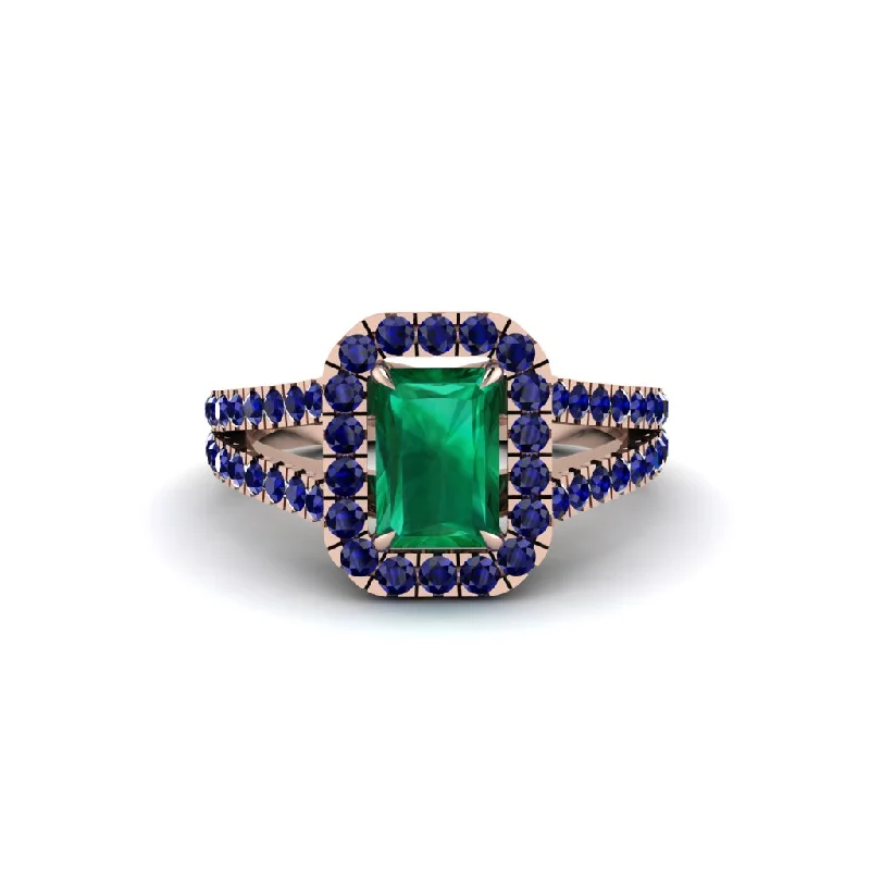 Beautiful Birthstone Rings For Every Month-Radiant Cut Emerald Halo Split Shank Engagement Ring - Lainey No. 65