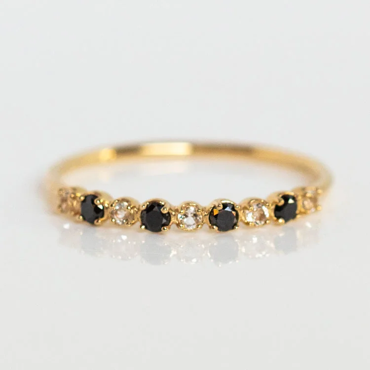 Elegant Gold Cocktail Rings For Evening Wear-14k Classic White Sapphire and Black Diamond Band