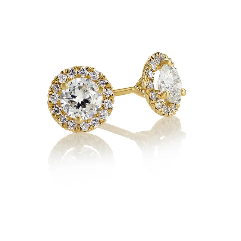 Handmade Gemstone Earrings For Special Events-0.64 CT Round Diamond Halo 14K Yellow Gold Earrings